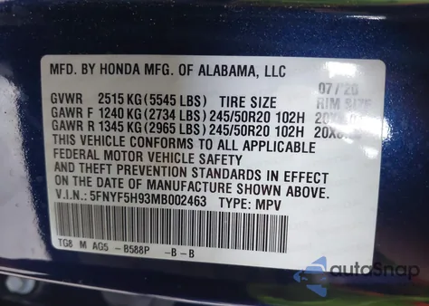2021 Honda Pilot 2Wd Touring 8 Passenger from USA, damaged, VIN 5FNYF5H93MB002463